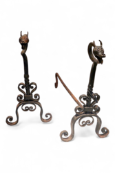 M 166 JC Pair of wrought iron andirons featuring dragons late 19th c.