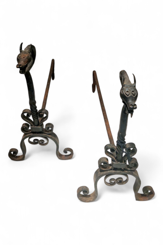 M 166 JC Pair of wrought iron andirons featuring dragons late 19th c.