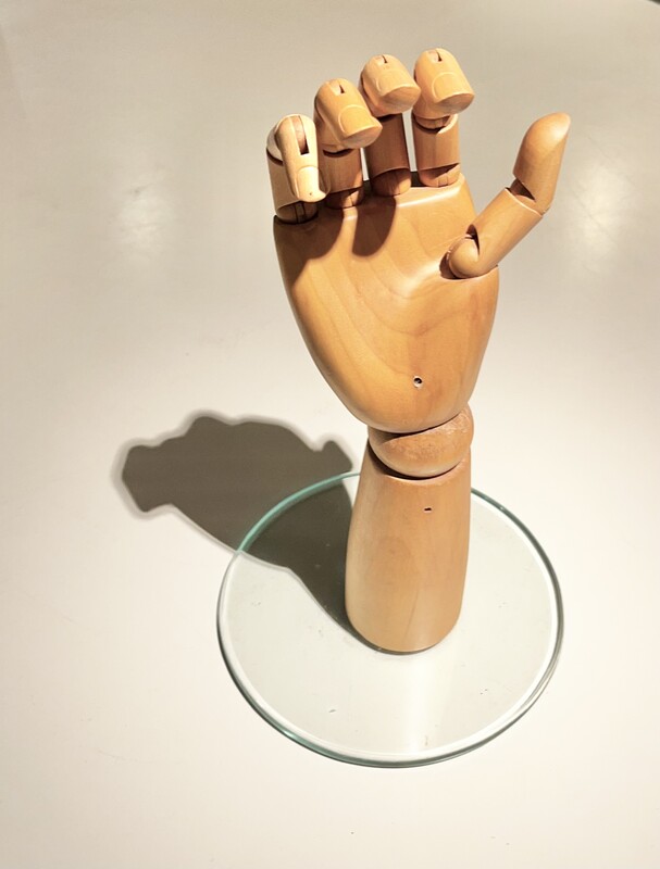 M 281 JC articulated wood hand with glass base 