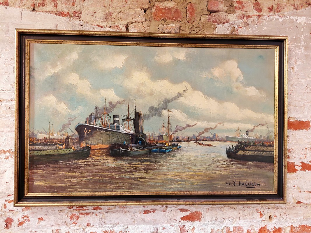 P 122 JC Oil on canvas The Port of Antwerp by HJ Pauwels Haute