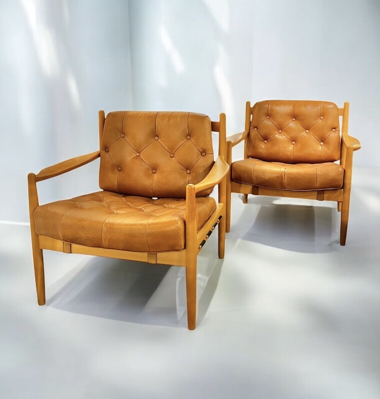 S 226 AG pair of  INGMAR THILLMARK armchairs, teak, leather, “Läckö”, OPE furniture, 1960s.