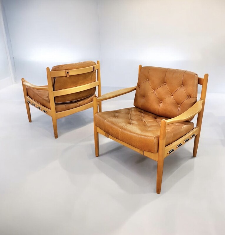 S 226 AG pair of  INGMAR THILLMARK armchairs, teak, leather, “Läckö”, OPE furniture, 1960s.