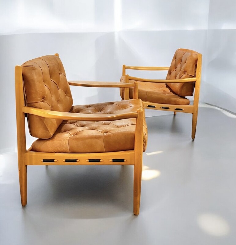 S 226 AG pair of  INGMAR THILLMARK armchairs, teak, leather, “Läckö”, OPE furniture, 1960s.