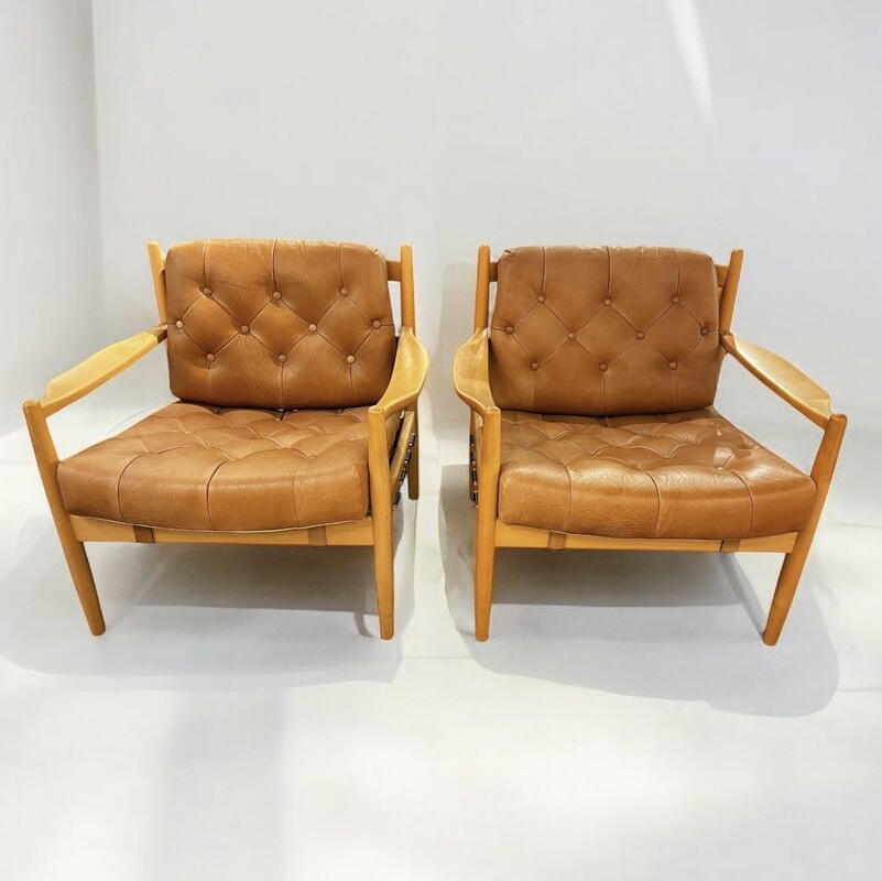 S 226 AG pair of  INGMAR THILLMARK armchairs, teak, leather, “Läckö”, OPE furniture, 1960s.