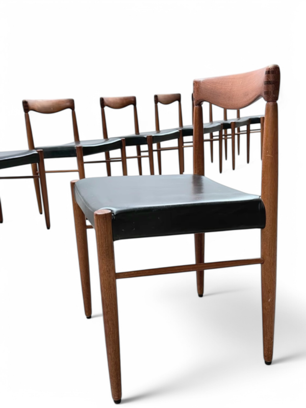 S 228 JC Set 6 teak and Black leather dining chairs by WH Klein for Bramin, Denmark 1960s