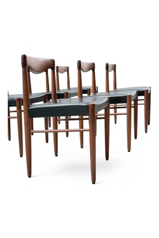 S 228 JC Set 6 teak and Black leather dining chairs by WH Klein for Bramin, Denmark 1960s