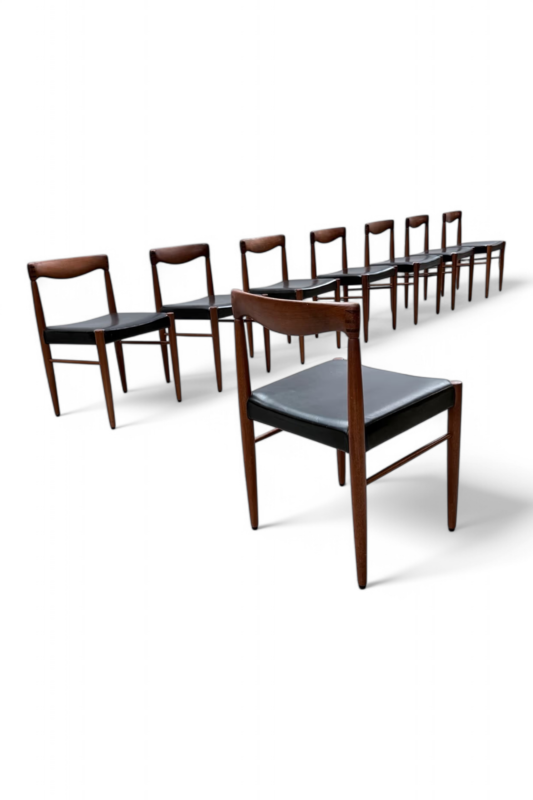 S 228 JC Set 6 teak and Black leather dining chairs by WH Klein for Bramin, Denmark 1960s