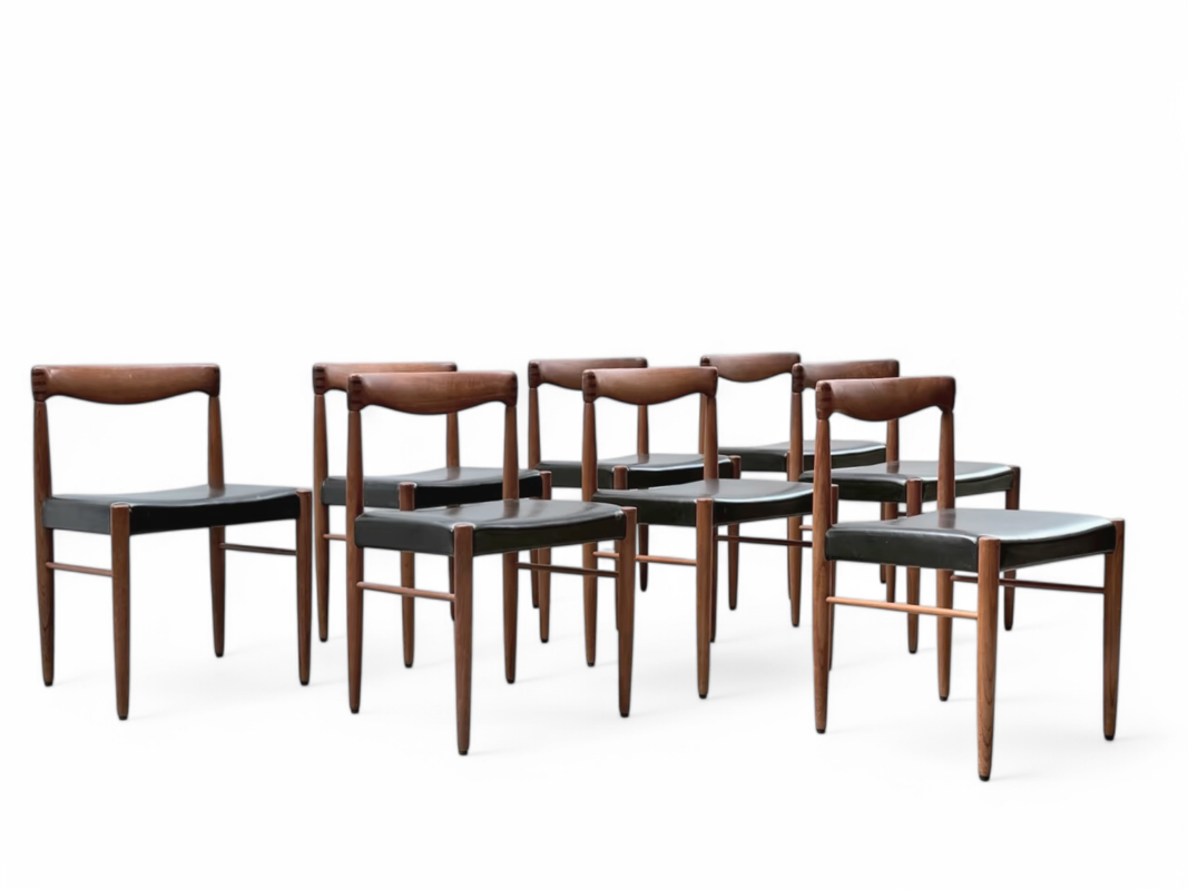 S 228 JC Set 6 teak and Black leather dining chairs by WH Klein for Bramin, Denmark 1960s