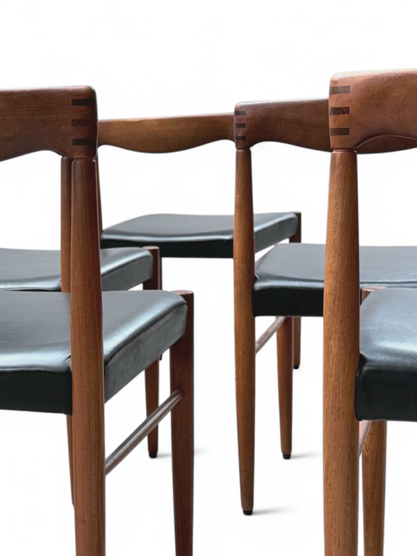 S 228 JC Set 6 teak and Black leather dining chairs by WH Klein for Bramin, Denmark 1960s