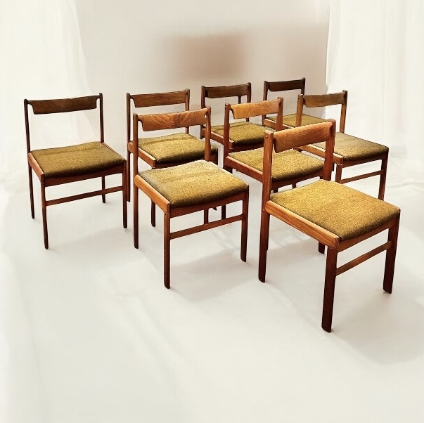 S 230 AG set of 8 Bramin chairs design by H.W Klein, teak and wooll, Denmark 