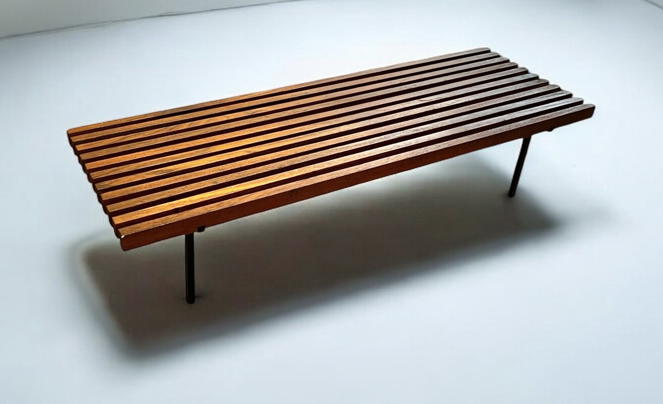 S 280 AG Small German Minimalist Wood & Steel Bench, 1960s