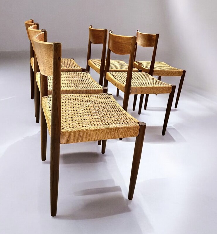 S 285 GOT set of 6 scandinavian chairs, teak and cord, 1960’s