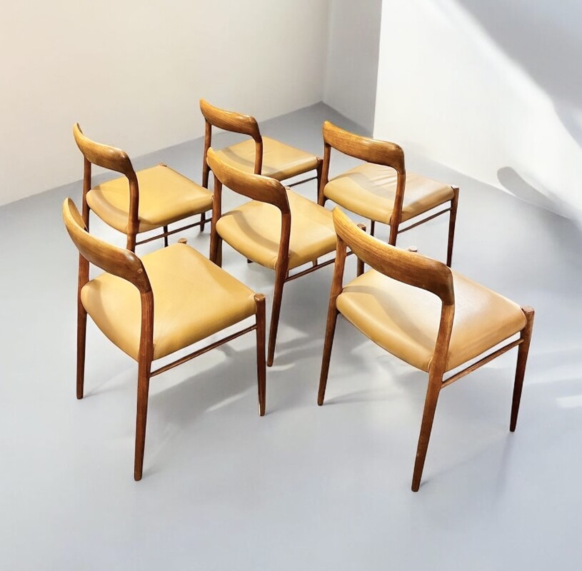 S 311 JC set of 6 vintage teak and leather chairs by N.O Møller 