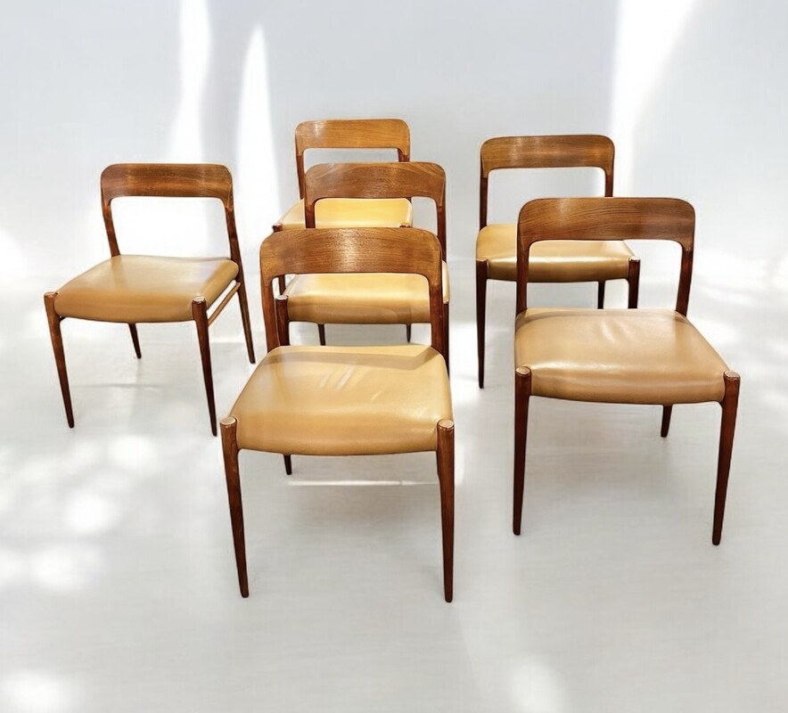 S 311 JC set of 6 vintage teak and leather chairs by N.O Møller 