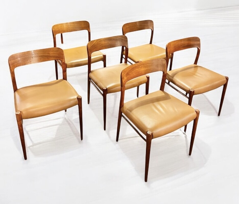 S 311 JC set of 6 vintage teak and leather chairs by N.O Møller 