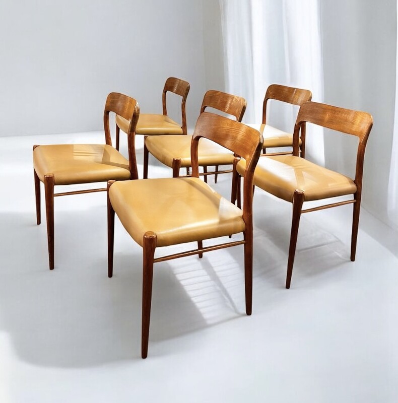 S 311 JC set of 6 vintage teak and leather chairs by N.O Møller 